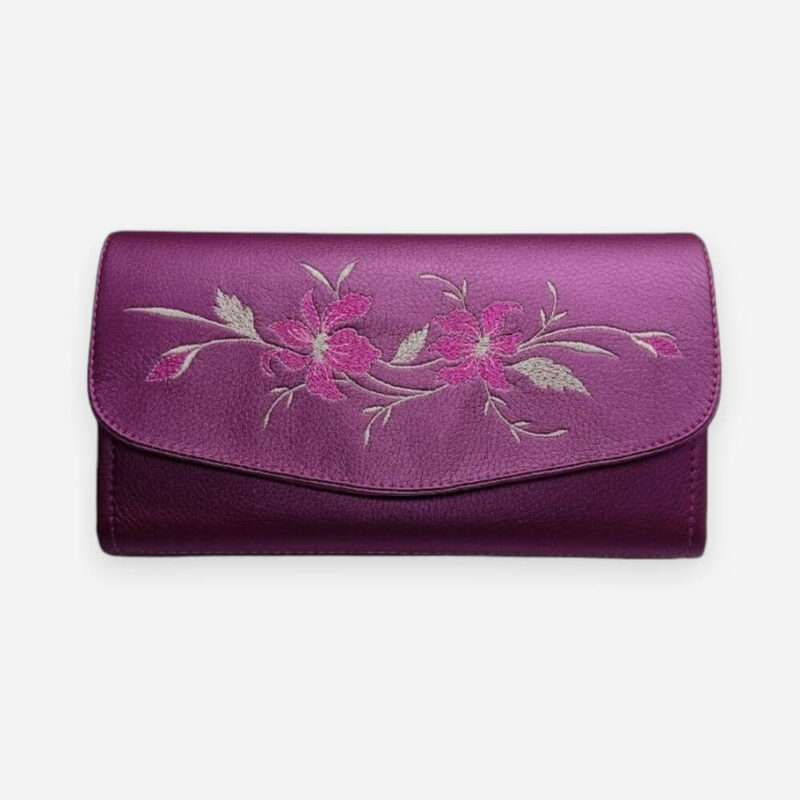 hímzett textilbőr pénztárca padlizsán
