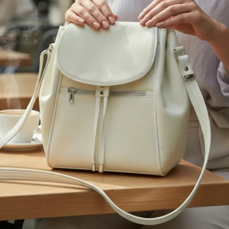 beige-fehér hátizsák és válltáska