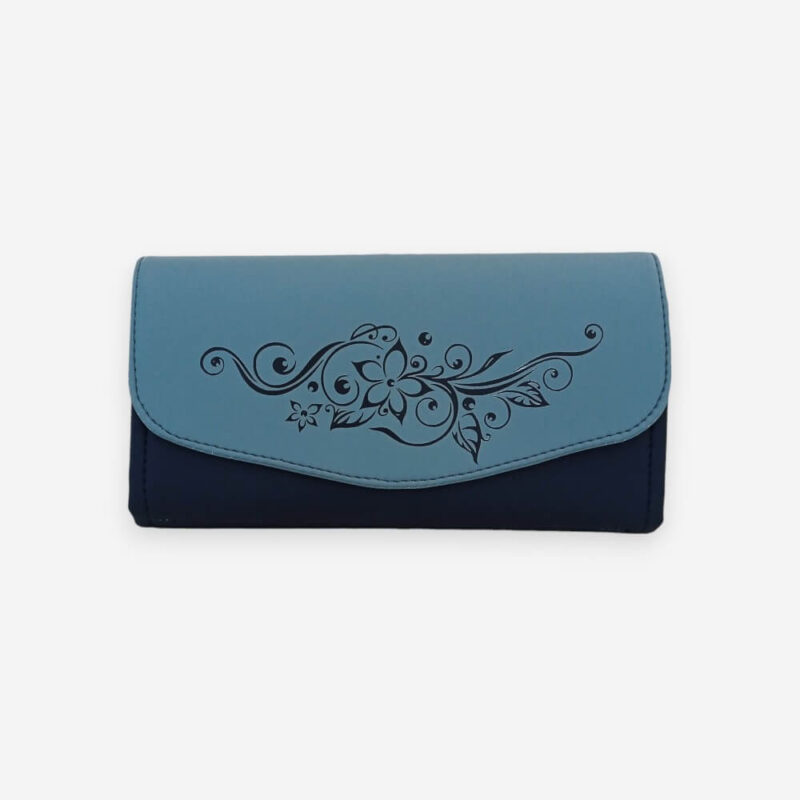 kék textilbőr pénztárca virágmintával